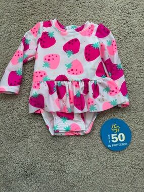 NWT Infant 0-3 month Sol Borne Long-Sleeve Strawberry Print Swimsuit - Pink